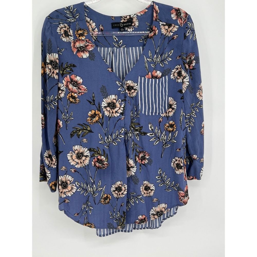 Fred David Blue Floral V-Neck Blouse with Striped Pocket Detail
